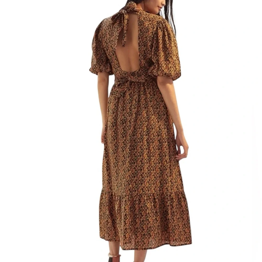 Faithfull The Brand Romilia Floral Puff Sleeve V-Neck Open Back Midi Dress